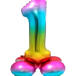 Cijfer ballon met standaard Regenboog 81 cm
