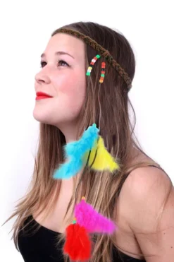 Hoofdband met kralen en veertjes multicolour